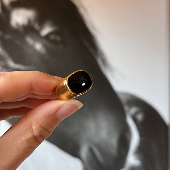 Chunky Black Enamel and Gold Signet Ring - Picture 2 of 3